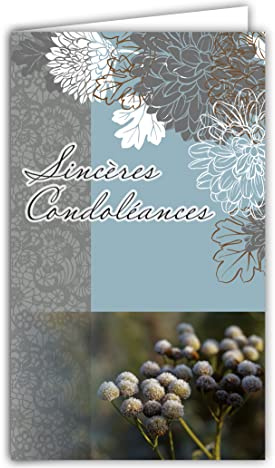 24-1041 Carte Sincères Condoléances Format 16x9,5cm avec Enveloppe Blanche Fleurs Automne Hiver Chrysanthèmes Baies Givrées - Fabriquée en France