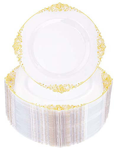 Morejoy 100 Pieces Gold Plastic Plates - Clear Gold Disposable Plates - 10.25inch Clear Plastic Dinner Plates With Gold Rim for Weddings & Parties & Shower