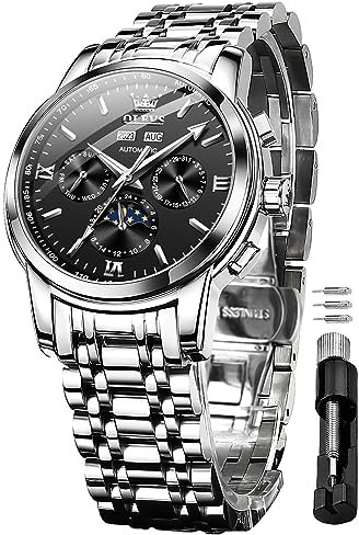 OLEVS Herrenuhren Automatik Schwarz Mechanische Luxus Kleid Armbanduhr mit Mondphase Tag Datum Jahr Wasserdicht Leuchtende Zweifarbige Uhr
