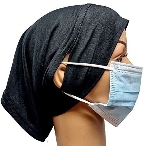 Hätta viskos hijab med öronhål stretch jersey huvud sovmössa under halsduk ben huvudduk turban stretchig mössa cancer hårskydd skydd patienter, Svart, en storlek