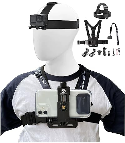 WLPREOE Handy Brustgurt mit Kopfhalterung, Brusthalterung Kopfgurt für iPhone & Samsumg, Freisprecheinrichtung Zubehör für POV/VLOG, Immersive Filmen Videos,Youtube,Tiktok - Chest Head Mount für GoPro