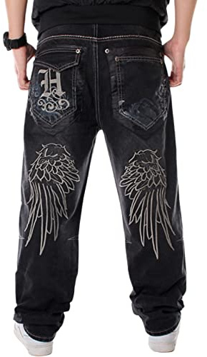 FantasyGears Y2k Baggy Jeans for Men Grunge Vintage Relaxed Fit Skateboard Jeans Loose Embroidery Hip Hop Dance Denim Pants, E#Black, 34