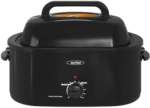 Sunvivi Roaster Oven, Electric Roaster Oven with Viewing Lid, 28lb 24-Quart Turkey Roaster with Unique Defrost/Warm Function, Large Roaster with Removable Pan & Rack, Stainless Steel, Black