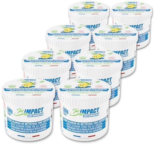 BIOIMPACT Vit rengöringssten, Vit lersten, 8X500g, Svamp ingår, Hushållsrengöringsmedel ECOCERT-certifierad, Tillverkad i Frankrike