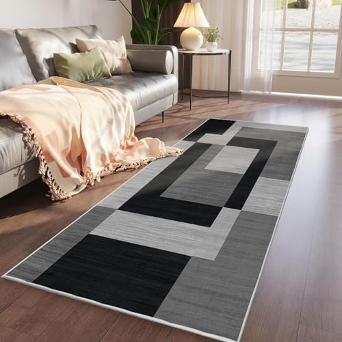 Imperial Rooms Area Rugs for Bedroom - Runner Rugs for Hallway Modern Floor Carpet Runners Indoor Non Shedding Soft Touch Milo Black and Grey Rug Living Room - Easy Care (60 x 220Cm)
