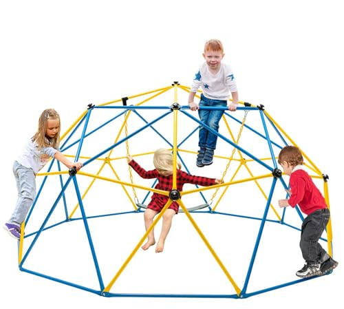 FIREFLOWERY Climbing Dome with Swing, 10 FT x 5.1 FT, Supports 800 LBS, Geometric Dome Climber for Indoor & Outdoor Use, Dome Climber for Boys Girls, Jungle Gym for Kids Ages 3-10 (Blue+ Yellow)