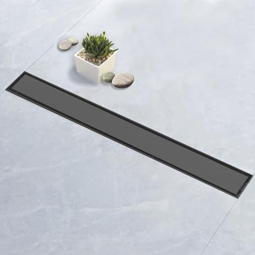 Caniveau douche italienne 80 cm, Caniveau de douche en Acier Inoxydable avec Siphon et Filtre,Noir