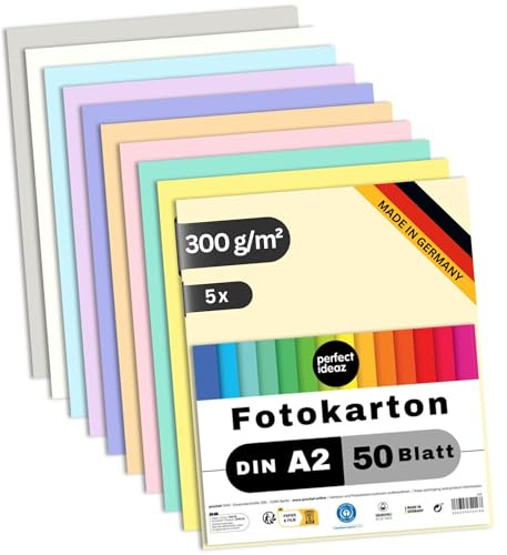 perfect ideaz 250 hojas de cartón fotográfico DIN A2, 10 colores, cartón reciclado estable de 300 g/m², fabricado en Alemania, certificado Blauer Engel