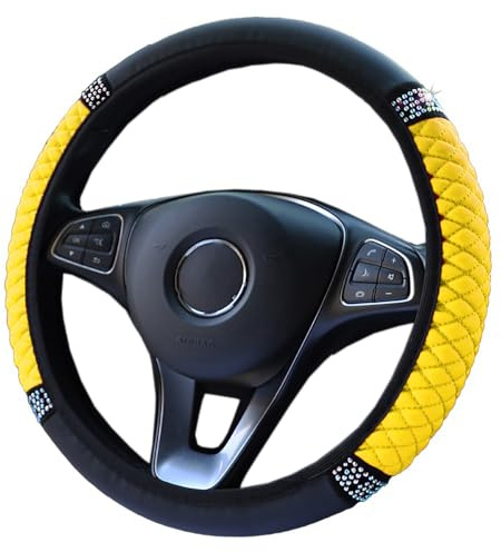 Universellt rattöverdrag, halkskydd romb PU-läder kristall glitter bling, bil rattskydd, diameter 37–38 cm, elastiskt rattskydd, rattskydd, bildekorationstillbehör, gul