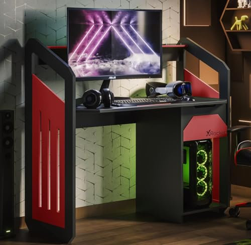 X-Rocker Battalion 120x60cm Red Gaming Desk with Shelves, Computer Gaming Desk with Drawers, Sturdy PC Desk and Home Office with Storage Cupboard and Shelf for Kids and Juniors - Red