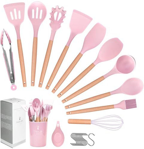 Hoewphofly Utensili Cucina Set, 23 Pezzi Set di Utensili da Cucina in Silicone con supporto, Antiaderenti, Lavabili in lavastoviglie, Design resistente al calore (Rosa)