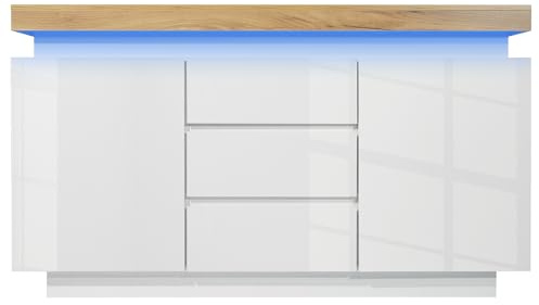 entapuk Commode Éclairage LED, Buffet Brillant avec 2 Portes Et 3 Tiroirs, Armoire Polyvalente pour Salon Et Chambre, 81 X 140 X 39 cm, Blanc