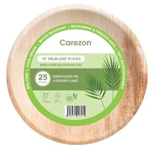 Carezon Disposable Palm Leaf Plates (25pcs) 10(25cm) Large Round, Eco Friendly, Microwave & Freezer Safe, Compostable Like Wooden, Bamboo Paper Plates for Hot Food, Wedding Picnic Parties