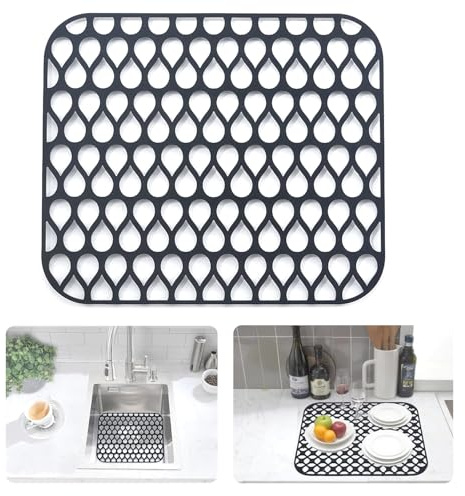 iAnomla Silicone Sink Mat, 34x30cm, Folding Non-Slip Sink Protectors for Kitchen Sink, Mats Counter Protector for Bottom of Kitchen Sink, Dishes and Glassware Drain Mat - Black