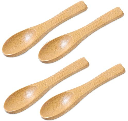 Piriuuo 4 cucharas pequeñas de madera, 9 x 2,1 cm, mini cucharas de madera, cucharas de especias con mango corto, cuchara de miel, cucharilla redonda, cuchara pequeña, cuchara de madera para sal