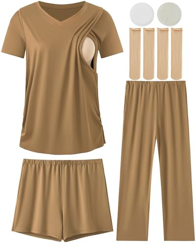 DANSHOW 5 Piece V Neck Maternity Nursing Pajamas Set Postpartum Pjs Breastfeeding Sleepwear, Nursing Breast Pads & Socks (HY237701-30-XL) Brown