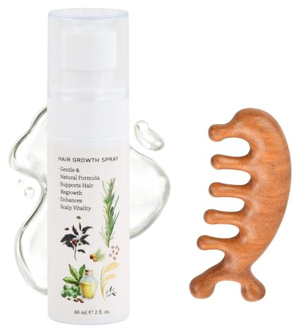 Spray Natural para el Crecimiento del Cabello, con Aceite de Romero, Serum Suero Anticaída y Densificante, 60 ml + Peine de Masaje de Madera para el Cuidado del Cuero Cabelludo, Hombres y Mujeres