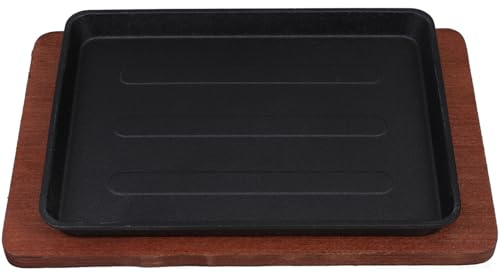 GRIRIW Padella Quadrata in Ghisa per Bistecca 232X175 CM con Base in Legno Piastra Teppanyaki Resistente per Grigliare e Cuocere Pesce per Barbecue e Cucina Casalinga