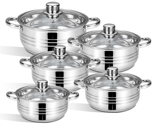 HOMSMYTH 10-Piece Stainless Steel Stockpot/Cookware Set Casserole Dishes with Glass Lids - Induction & Gas Compatible Cooking Pots (20cm, 22cm, 24cm, 26cm, 28cm) | Durable Cookware for Everyday