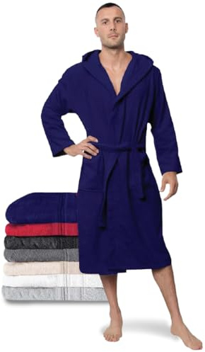 Twinzen Peignoir de Bain Homme - M - Bleu - 100% Coton avec Capuche - Certifié OEKO-TEX® - Robe de Chambre Eponge 2 Poches, Ceinture - Doux, Absorbant et Confort