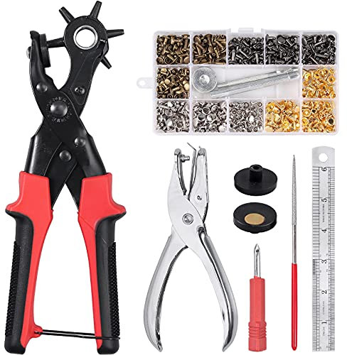 Kamtop Juego de perforadoras de cuero con 240 remaches de doble tapa de cuero, alicates de perforación de cinturón resistentes con 6 agujeros, kit de herramientas giratorias para manualidades,