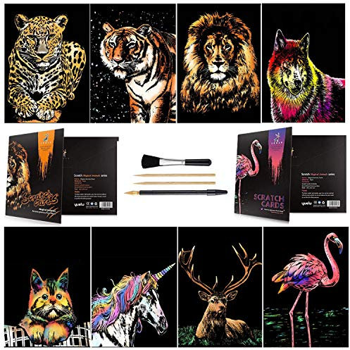 Wbeng Scratch & Sketch Art Paper A4 per bambini e adulti, Pittura arcobaleno Vista notturna Art & Craft, 8 fogli Gratta e vinci e pennarello, Pennello pulito (Beast/Animal)