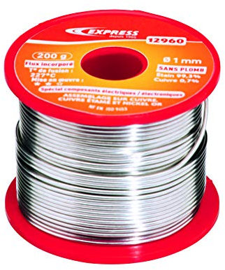 Express, 12960, Soudure Étain pour Assemblage Composants Électriques/Électroniques, 99,3% d’Étain et 0,7% Cuivre (Sans Plomb), 200 g, diamètre 1 mm, Flux incorporé, Accessoire pour Fer à Souder