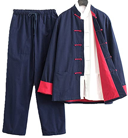 Kung Fu Clothing Herren Traditionelle chinesische Kleidung Tang-Anzug Hanfu Set mit 3 Stück Baumwolle Leinen Tai Chi Uniform Langarm Mantel Tops