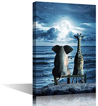 Canvas Print Wall Art Elephant and Giraffe Sit on a Seaside Stool Pictures Painting for Living Room Bedroom Decor Ready to Hang Stretched and Framed Artwork, 36x24in