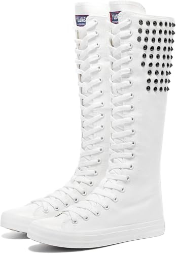 Momuk Punk Style Long Rivet Canvas Boots Knee High Casual Fashion Skirt Dress Shoes for Women & Girls White