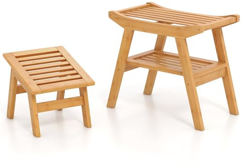 COSTWAY Set of 2 Bamboo Shower Bench Seat with Storage Shelf and Foot Rest, 2-Tier Wooden Spa Bath Stools, Waterproof Bathroom Shower Stool Set for Indoor and Outdoor Use