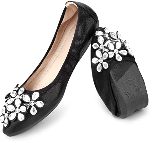 TABNIX Women's Ballet Flats Rhinestone Soft Wedding Ballerina Shoes Foldable Sparkly Dress Comfort Slip on Flat Shoes Black