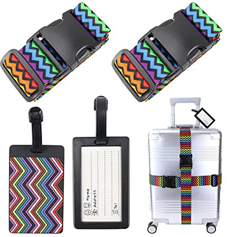 2 Stück Koffergurt mit 2 Gepäckanhänger Kofferband Gurt Bunt Gepäckgurt Travel Accessories,Suitcase Strap Adjustable Multifunktional Luggage Strap für Koffer Gurtband Koffergurte,Welle