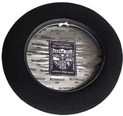 Elosegui Basca 1858 Baskenmütze, schwarz, 100 % Merinowolle, wasserdicht, mit Polster (13, 57, Schwarz), schwarz und weiß
