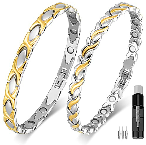2 Braccialetti Magnetici in Acciaio al Titanio Argento e Oro per Donna Bracciali con Magneti 3500 Gauss Ultra Resistenti Bracciale a Maglie in Stile dal Design Pulito Regalo di Gioielli