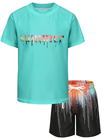Jungen Kurzarm Badeset UV Shirt+Badeshort Kinder Zweiteiliger Badeanzug Schnelltrocknendes Schwimmanzug 146 152/11-12 Jahre