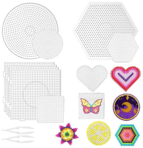 Bügelperlen Steckplatte Set - 10 Stück, Große Platten mit Transparenten Vorlagen, 5mm Schablonen, Pinzette, DIY Stiftplatten