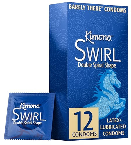Kimono Swirl Condoms Pack of 12 - Double-Helix Twisting Shape, Condom Innovation, Extreme Sensations, More Comfort, Lubricated, with Reservoir Tip, Natural Latex Condoms, Vegan, No Latex Odor