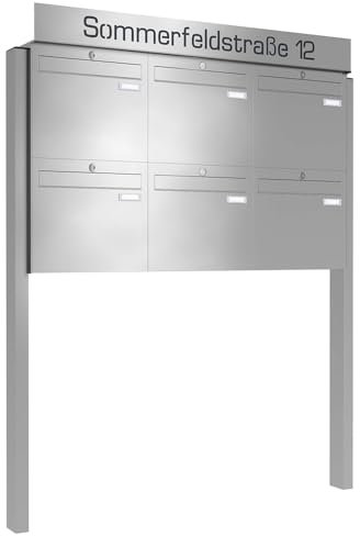 Frabox Briefkastenanlage 6fach Briefkasten personalisiert freistehend Edelstahl XXL Standbriefkasten zum Einbetonieren mit Hausnummer & Straße Mehrfamilienhaus ohne Zeitungsfach Made in Germany LUIS