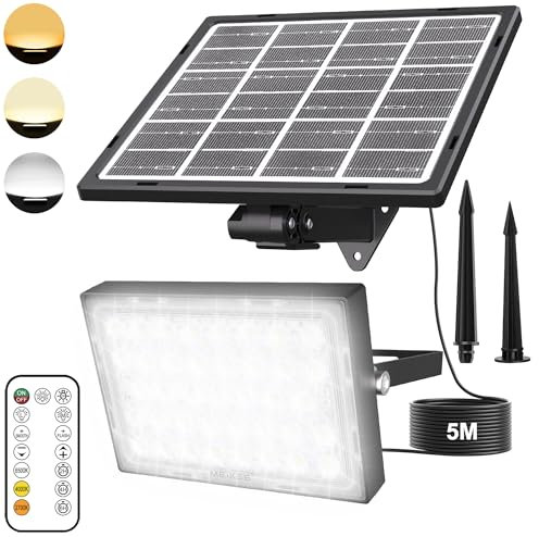 MEIKEE Solarstrahler für den Außenbereich, mit Fernbedienung, 78 LEDs, Solar-LED-Strahler, 3 Beleuchtungsmodi, Farbe und Helligkeit, verstellbar, IP66, wasserdicht, Solarlicht, für Garten, Garage,