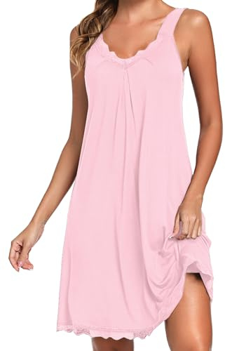 Uniexcosm Women's Nightdresses Sleeveless Nighties Cotton Lace Nightgown V Neck Chemise Sexy Negligee for Ladies Nightshirts Nightwear Loose Plus Size Jersey Lingerie Pink