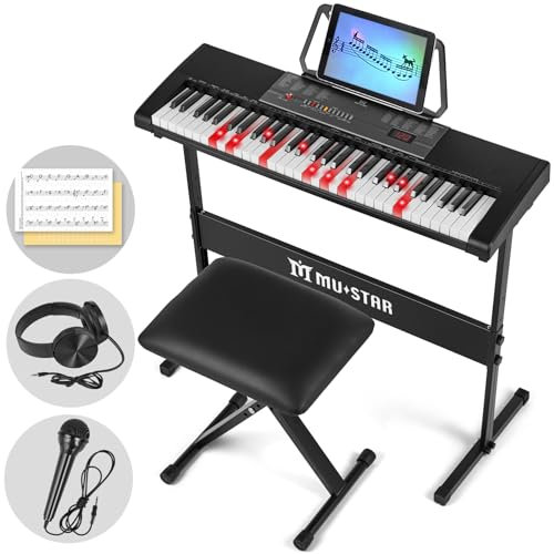 MUSTAR Piano Keyboard with Lighted Up Keys, Learning Keyboard Piano 61 Keys for Beginners, Electric Piano Keyboard with Bench, Stand, Headphones, Microphone, Note Stickers, Built-in Speakers (Black-1)