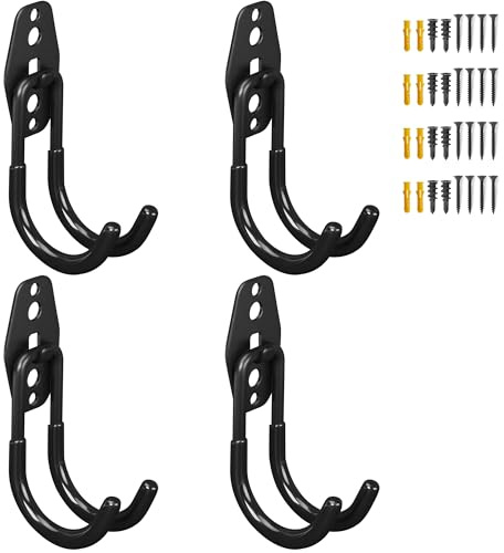 OUUTMEE Lot de 4 Crochets de Garage en Forme de J, crochets Mural garage en Acier, Crochet de Rangement pour Outils, crochet Rangement Garage pour Échelles, Vélos, Outils de Jardin (12 x 6.5CM)