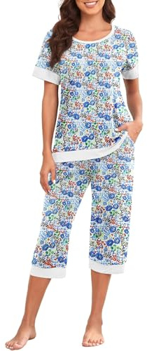 PrinStory Pyjamas för kvinnor kortärmad dampyjamas-set, lätta pyjamasöverdelar och capribyxor, nattkläder, pyjamas-set med fickor, Vitblå blomma, L