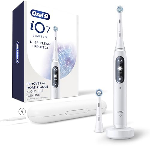 Oral-B Rechargeable Electric Toothbrush, iO7 Limited Deep Clean + Protect, 5 Cleaning Modes, Interactive Display, Visible Pressure Sensor, 2 Brush Heads, Charging Travel Case, White