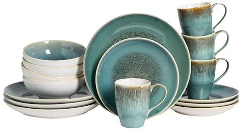 CreaTable, 24303, serie Caldera verde, set da 16 pezzi per 4 persone, servizio combinato in gres porcellanato, lavabile in lavastoviglie e forno a microonde, produzione di qualità