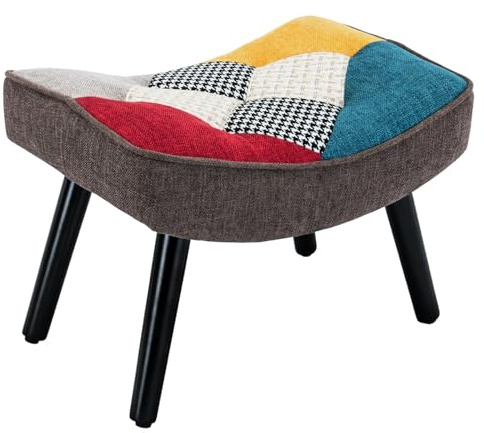 Matomn Fußhocker Holzbeine Leinen-Patchwork, bunt, für Wohnzimmer Schlafzimmer, 51 * 38 * 37 cm