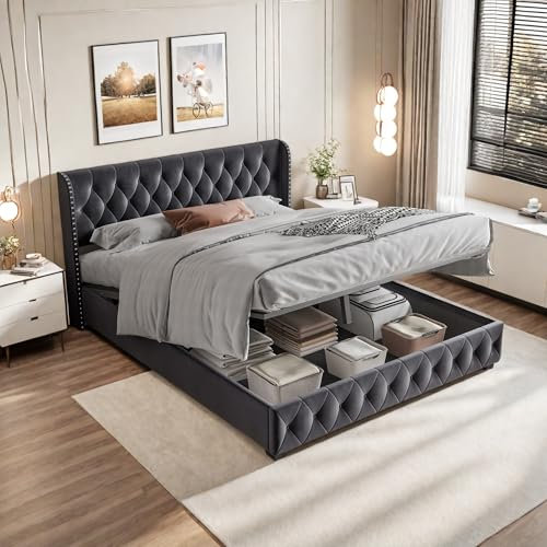 Doppelbett mit Stauraum, Lattenrost 160 x 200 cm, Bett mit gepolstertem Kopfteil, Nietendesign, für Doppelbett, gepolstertes Bett, Erwachsenenbett, hautfreundlicher Samtstoff (160 x 200 cm)