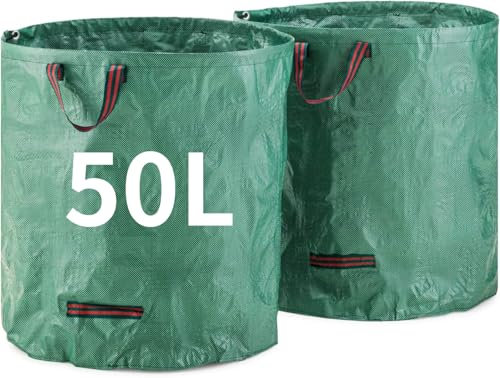 Lot de 2 sacs à déchets de jardin verts très résistants avec poignées en tissu industriel pliable de grande capacité pour la collecte des déchets végétaux, de l'herbe et des feuilles (50 l)