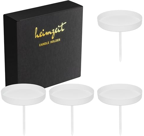 heimzeit Kerzenhalter zum Stecken für Stumpenkerzen bis Ø80 mm und Tischkerzen aus Metall [4 Stück, Rund] Farbe: Weiß, Stilvolles Design, Kerzenstecker Adventskranz für eine Elegante Raumdekoration